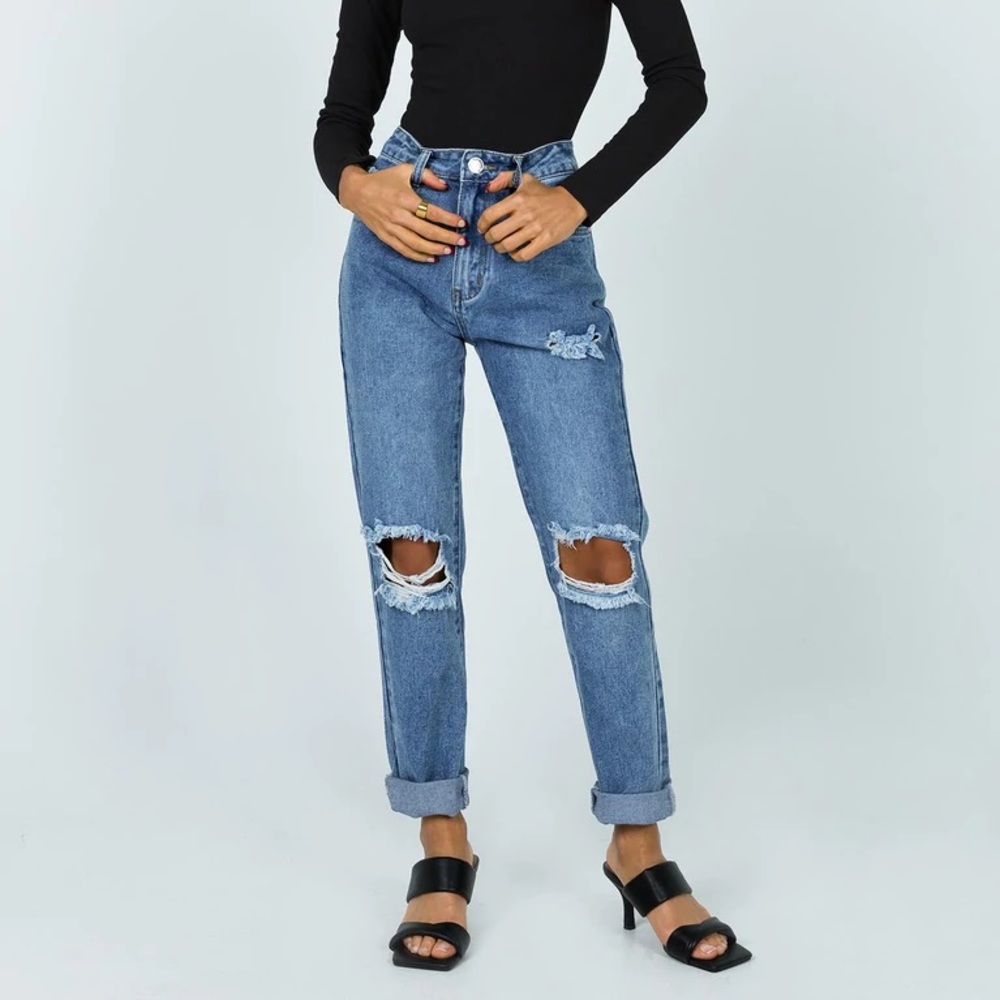 Princess Polly Hayden Knee Rip Jean Mid Wash Denim US4